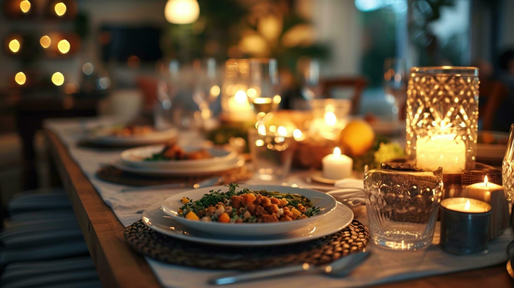 ai gegenereerd warm en uitnodigend dining tafereel, presentatie van een feestelijk iftar bijeenkomst Bij huis met kopiëren ruimte foto