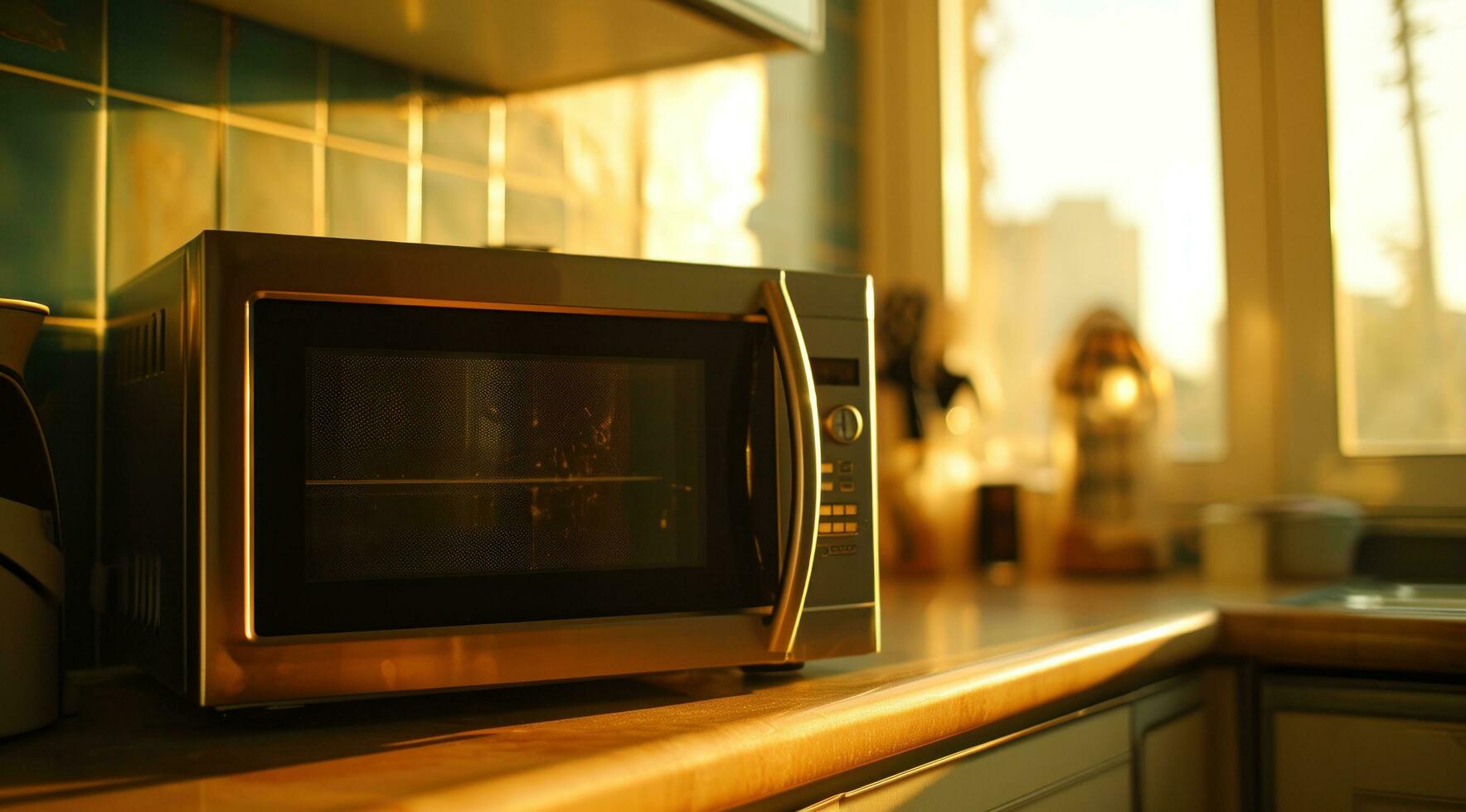 ai gegenereerd een magnetronoven Aan een teller in de buurt een venster foto