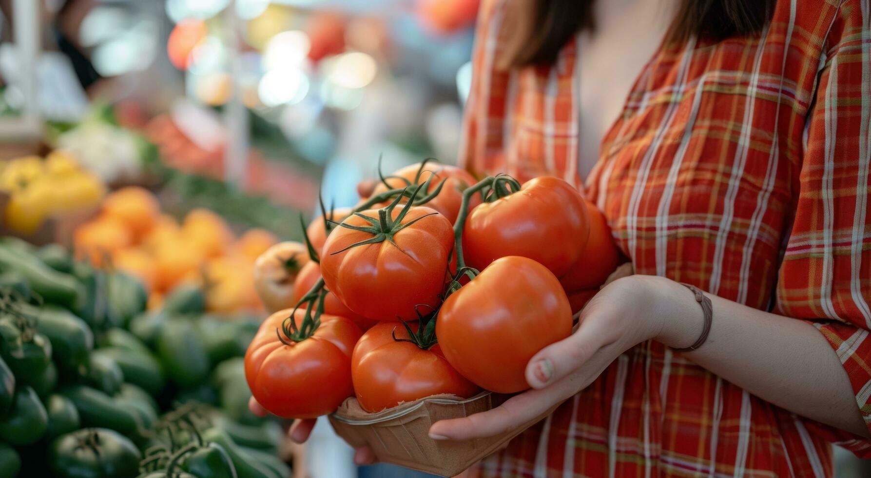 ai gegenereerd vrouw houdt meerdere tomaten terwijl Bij een boeren markt foto