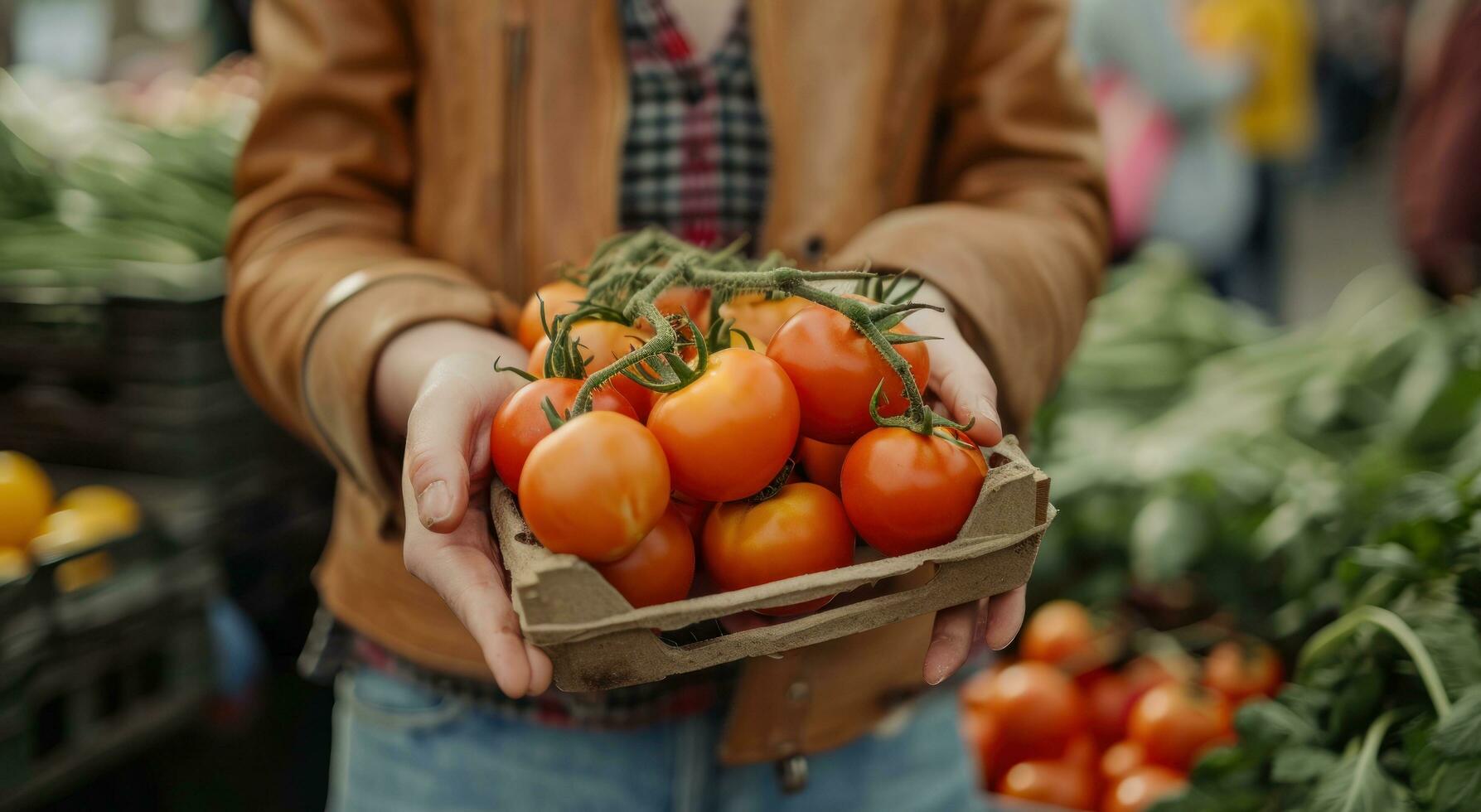 ai gegenereerd vrouw houdt meerdere tomaten terwijl Bij een boeren markt foto