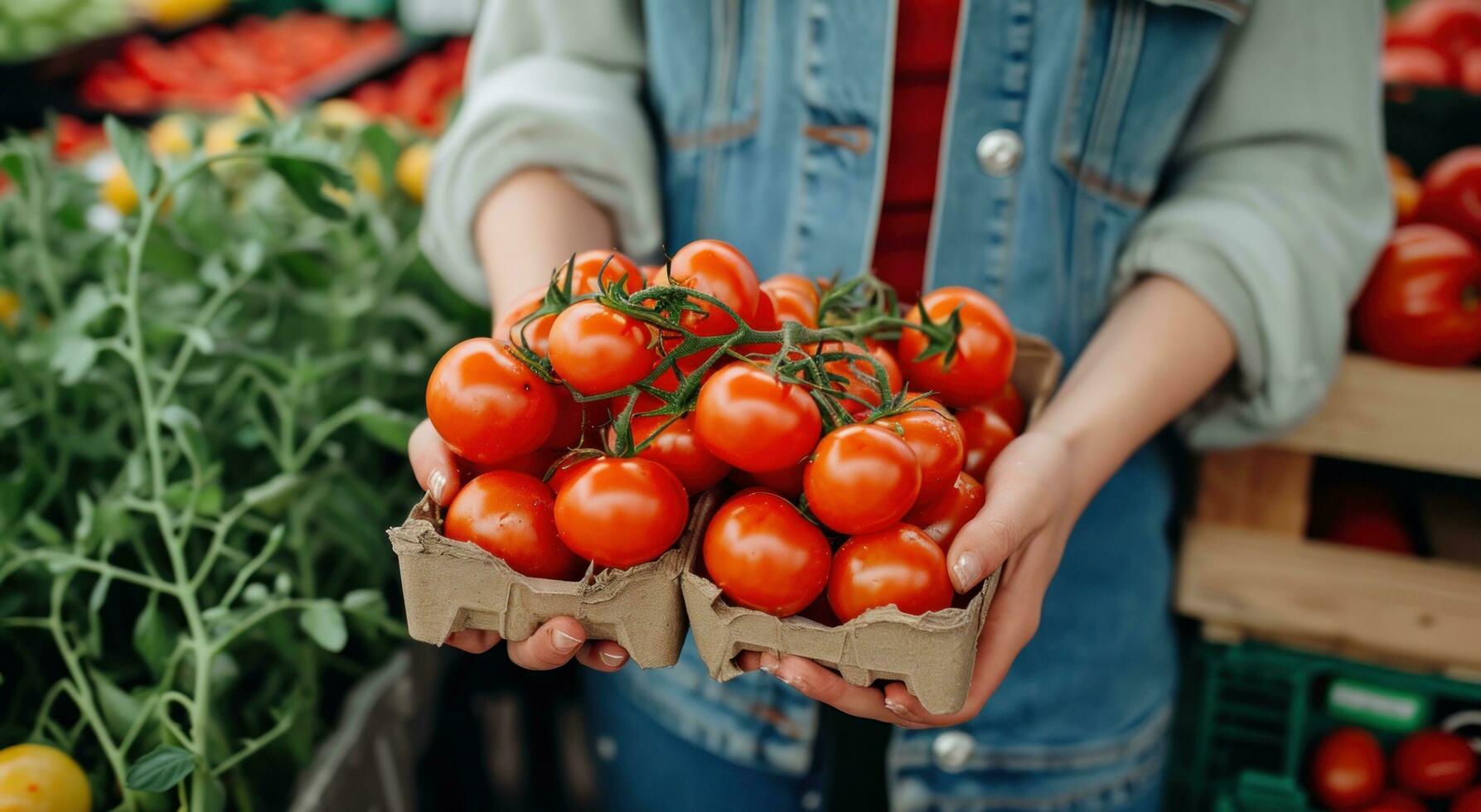 ai gegenereerd vrouw houdt meerdere tomaten terwijl Bij een boeren markt foto