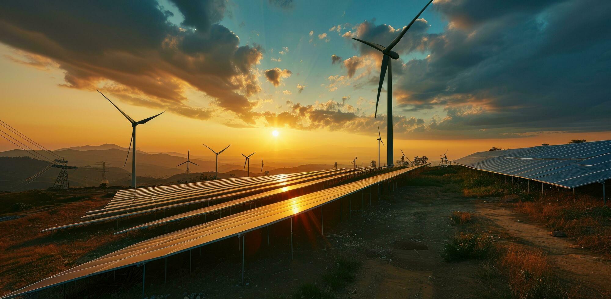 ai gegenereerd zonne- panelen en wind turbines Bij zonsondergang foto