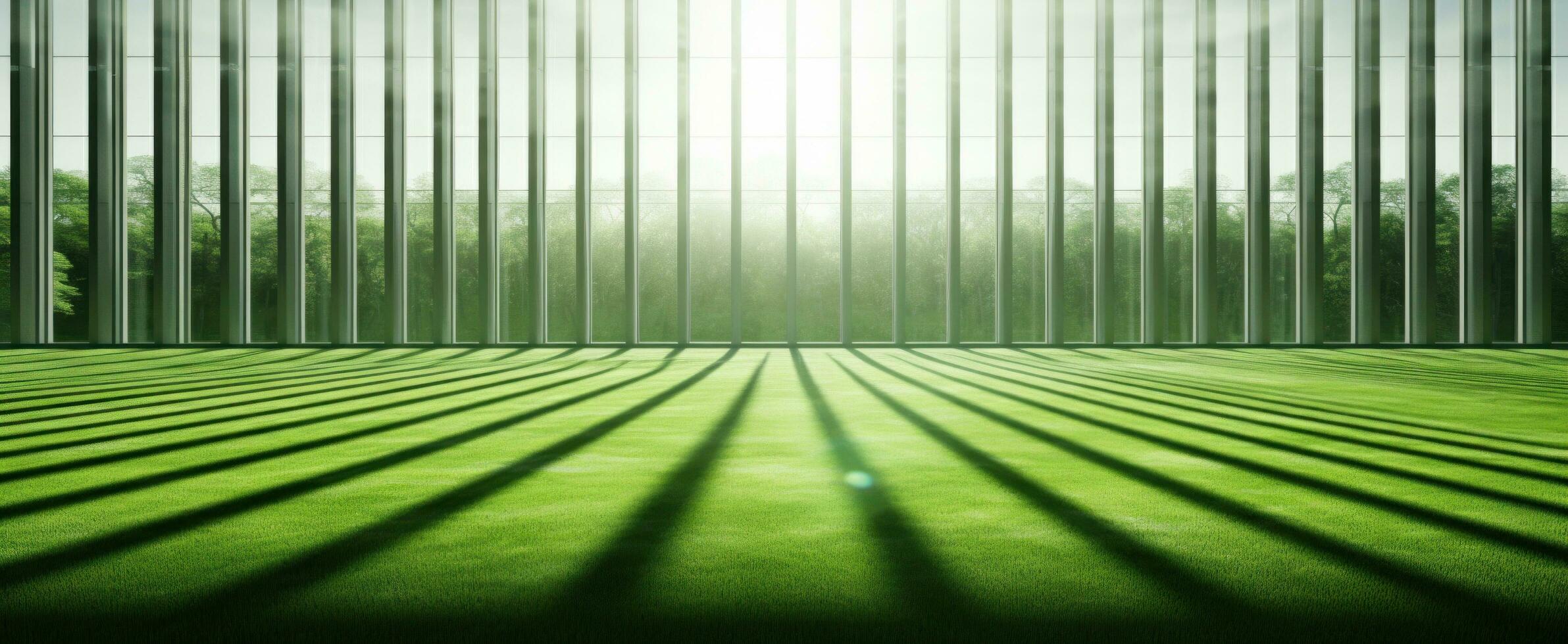 ai gegenereerd een groen gras veld- met zonlicht streaming door de glas foto
