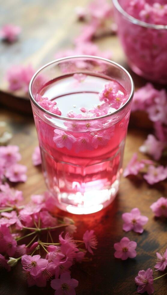 ai gegenereerd een kop van roze thee met bloemen in het foto