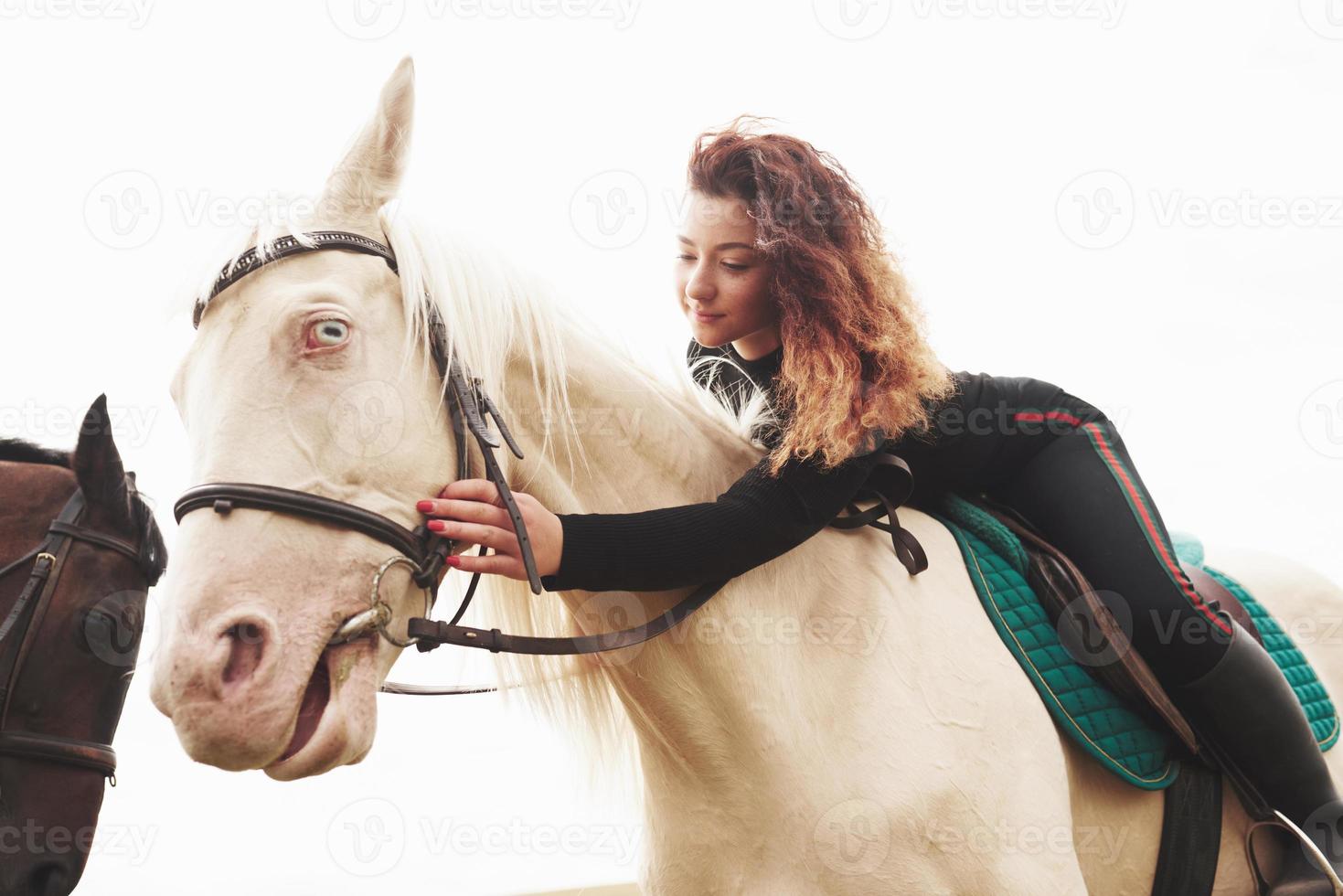 jong schattig meisje haar paard knuffelen terwijl schrijlings op. ze houdt van dieren foto