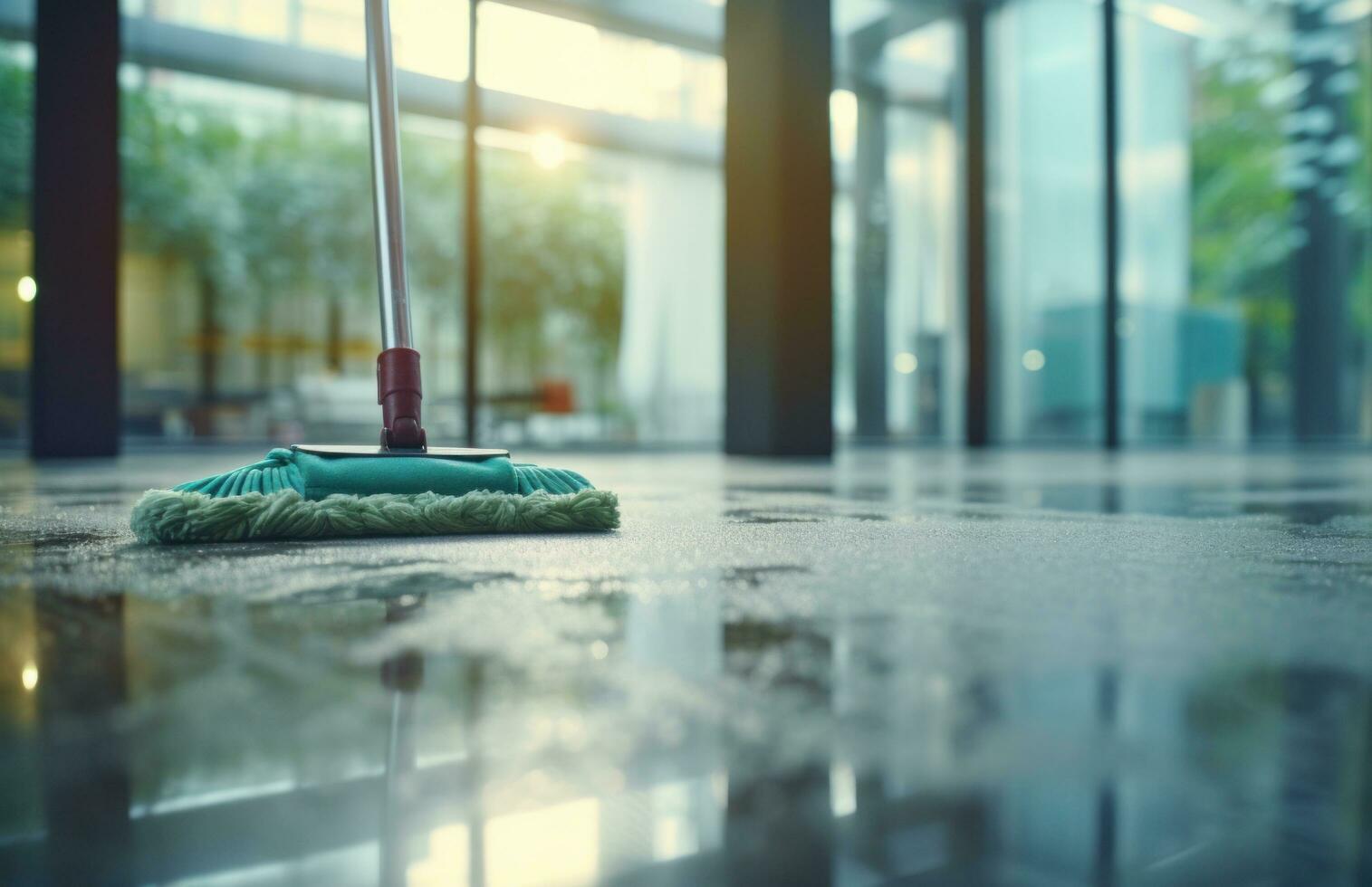 ai gegenereerd huis schoonmaak in stad met blauw dweilen Aan top van glas foto