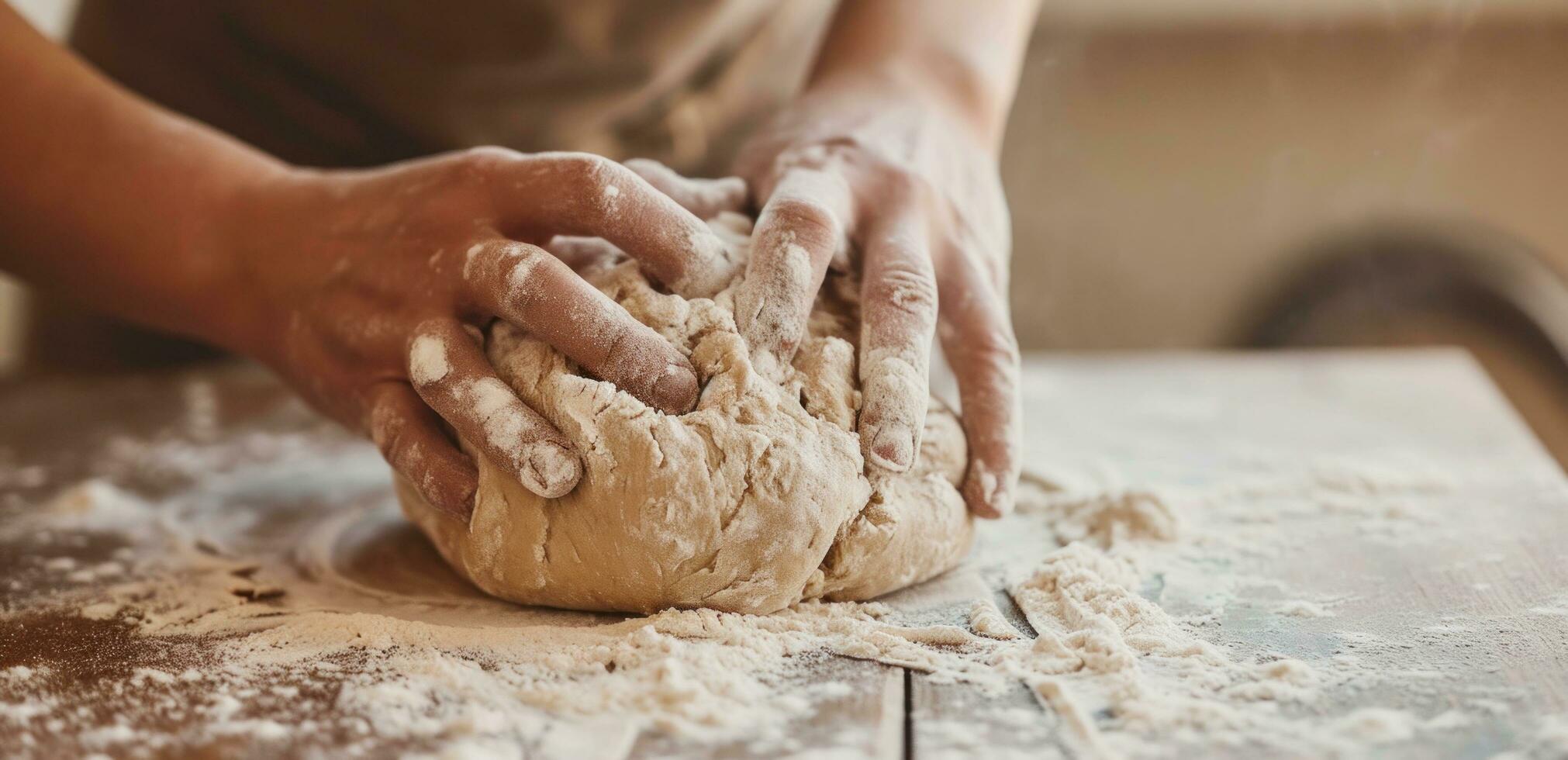 ai gegenereerd een persoon kneedt een bal van deeg Aan een houten oppervlak, foto