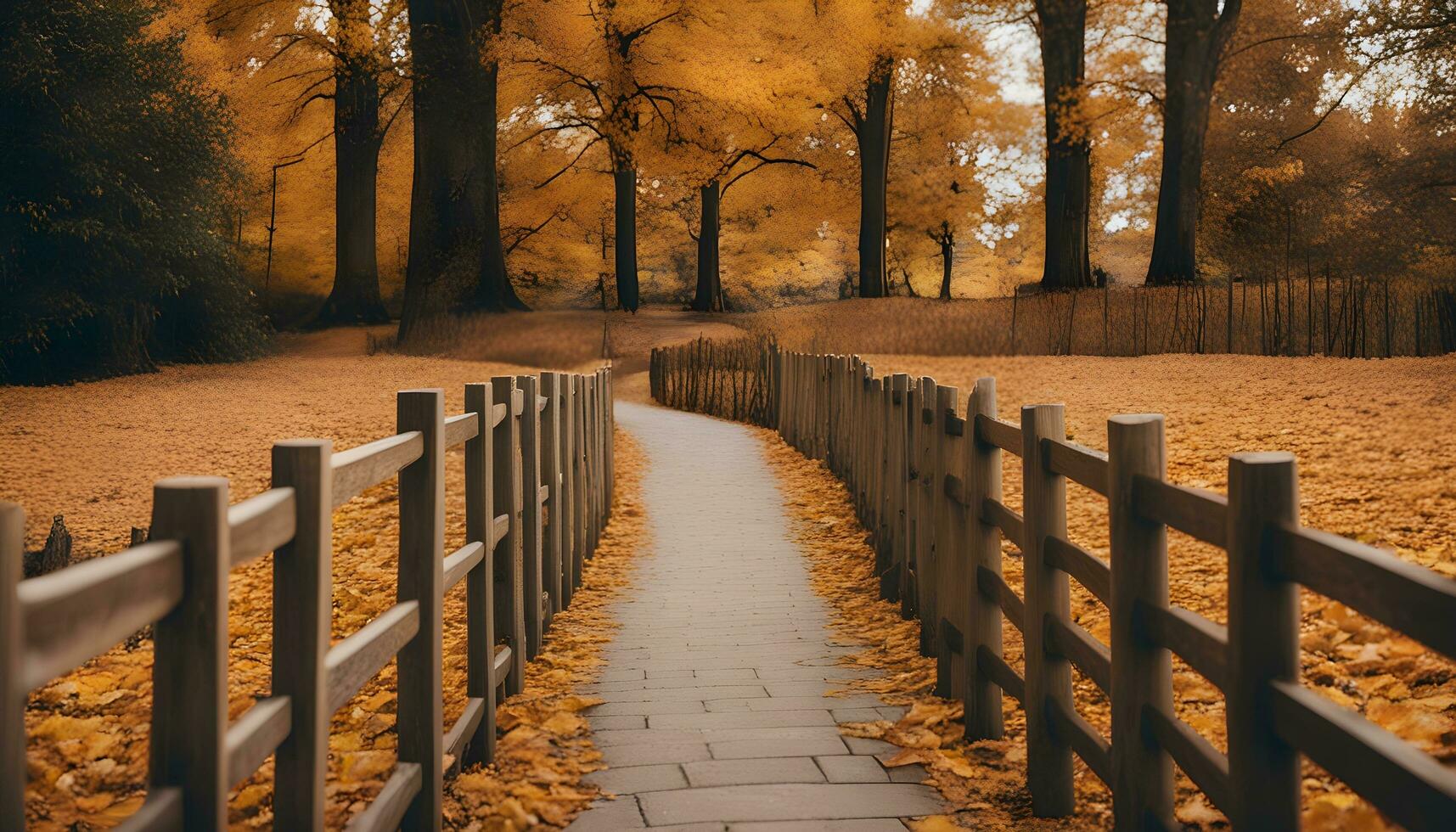 ai gegenereerd een houten hek is in de midden- van een pad in de vallen foto