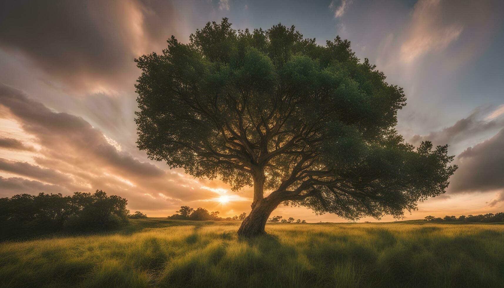 ai gegenereerd een boom staat in een veld- met de zon instelling achter het foto