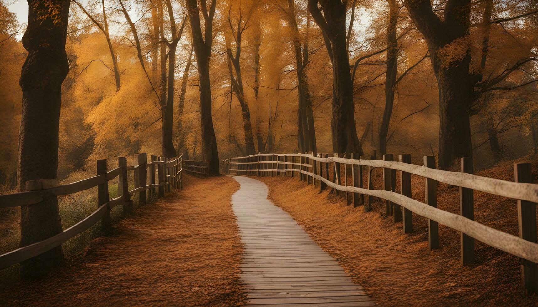 ai gegenereerd een houten pad in de bossen met bomen en bladeren foto