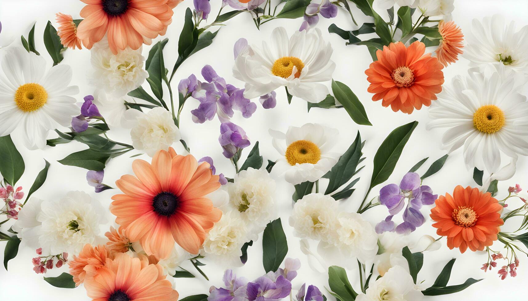 ai gegenereerd een bloemen patroon met wit, oranje en Purper bloemen foto