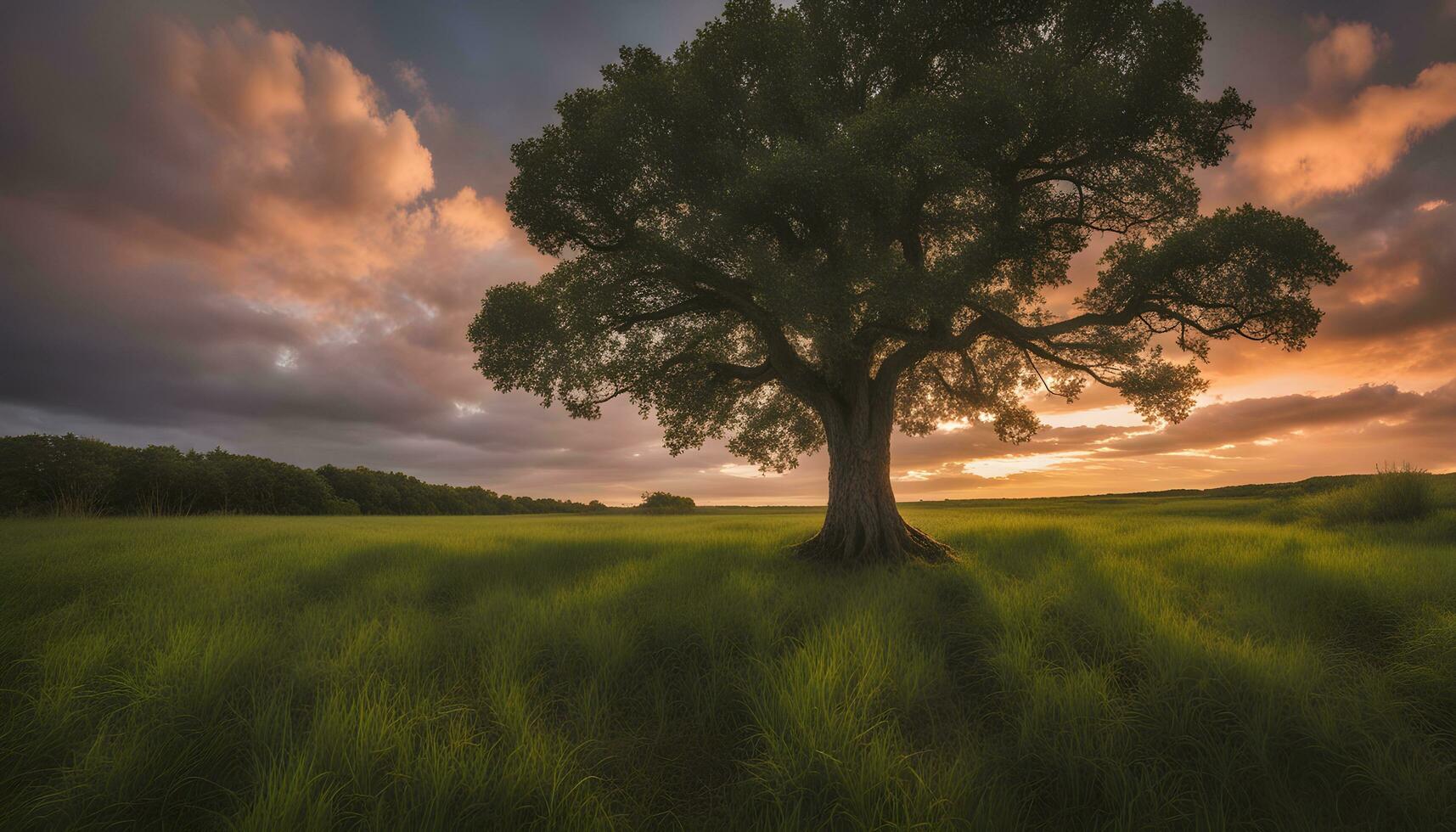 ai gegenereerd een eenzaam boom staat in een veld- Bij zonsondergang foto