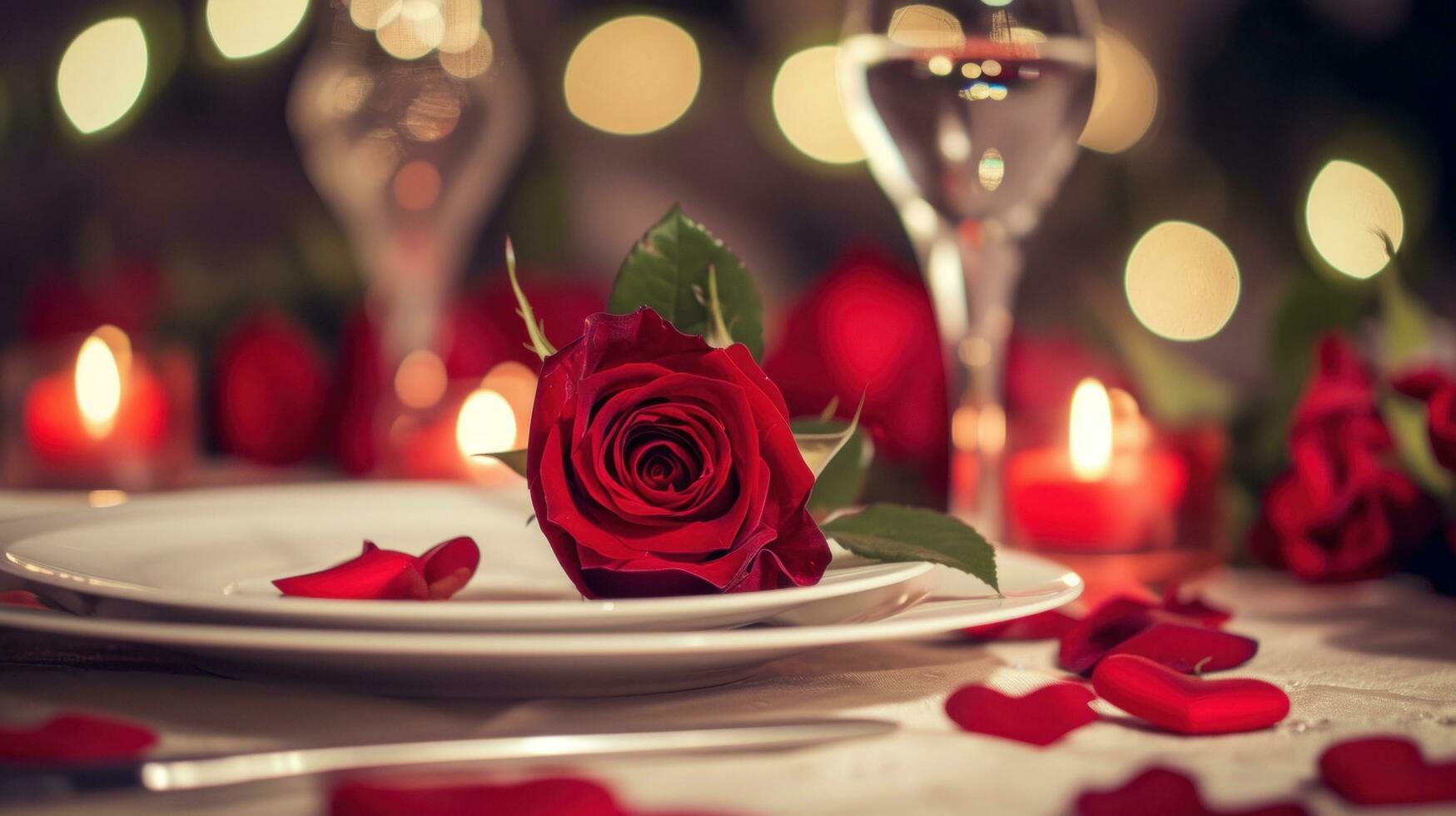 ai gegenereerd kaarslicht avondeten met rozen, harten, en zacht texturen foto