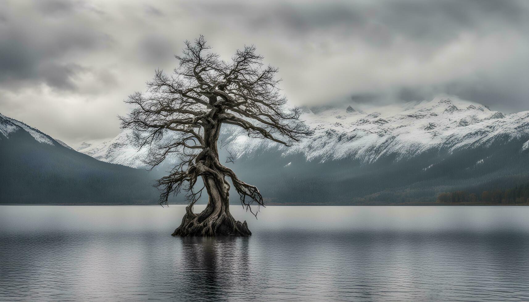 ai gegenereerd een eenzaam boom staat in de midden- van een meer foto