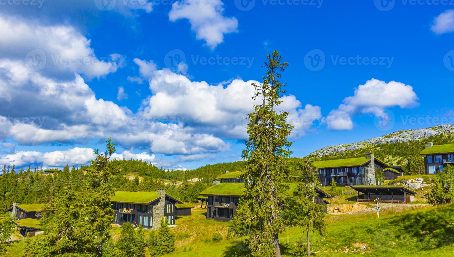 mooie panorama huisjes hutten bergen kvitfjell skigebied favang noorwegen. foto