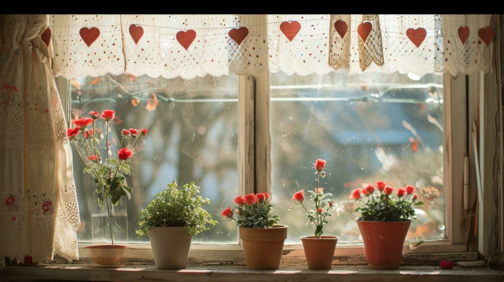 ai gegenereerd hart slingers, kant gordijnen, en bloeiend ingemaakt bloemen foto