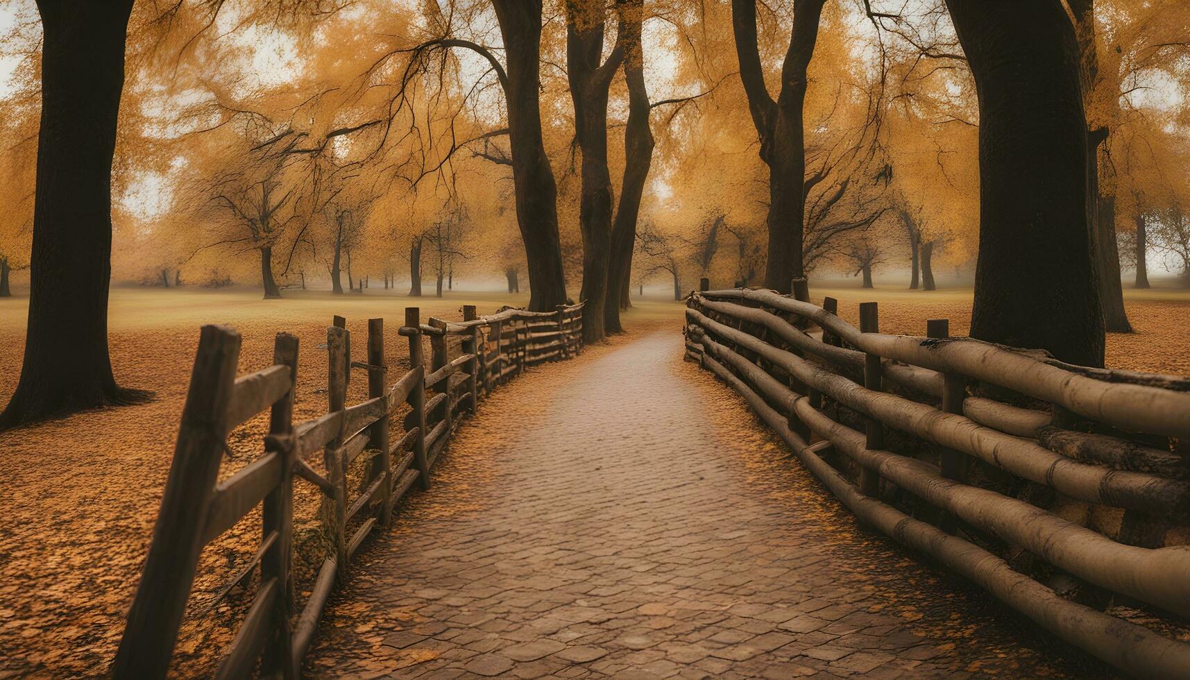 ai gegenereerd een pad in de midden- van een park met bomen en een hek foto