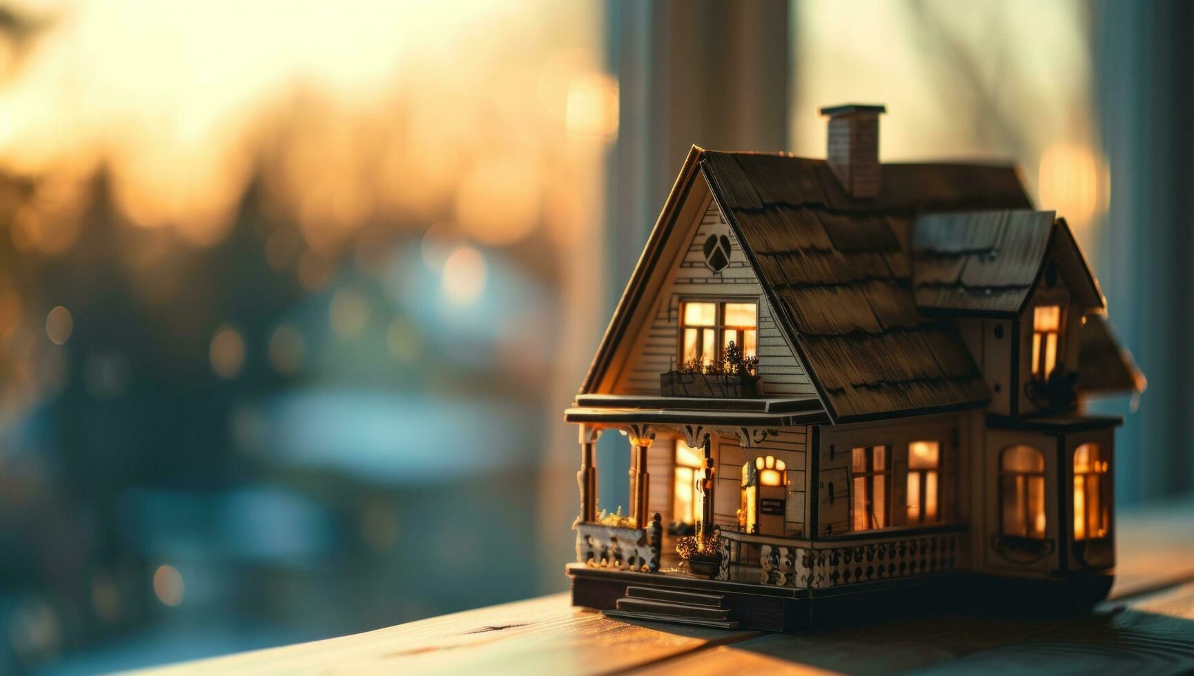 ai gegenereerd een houten model- van een huis Aan een tafel met een venster tonen foto