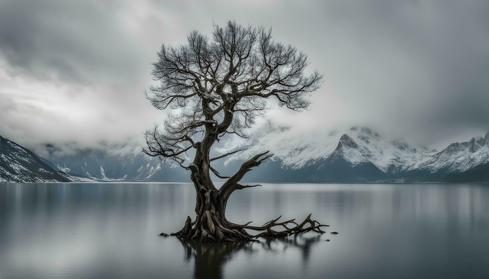 ai gegenereerd een eenzaam boom staat in de midden- van een meer foto