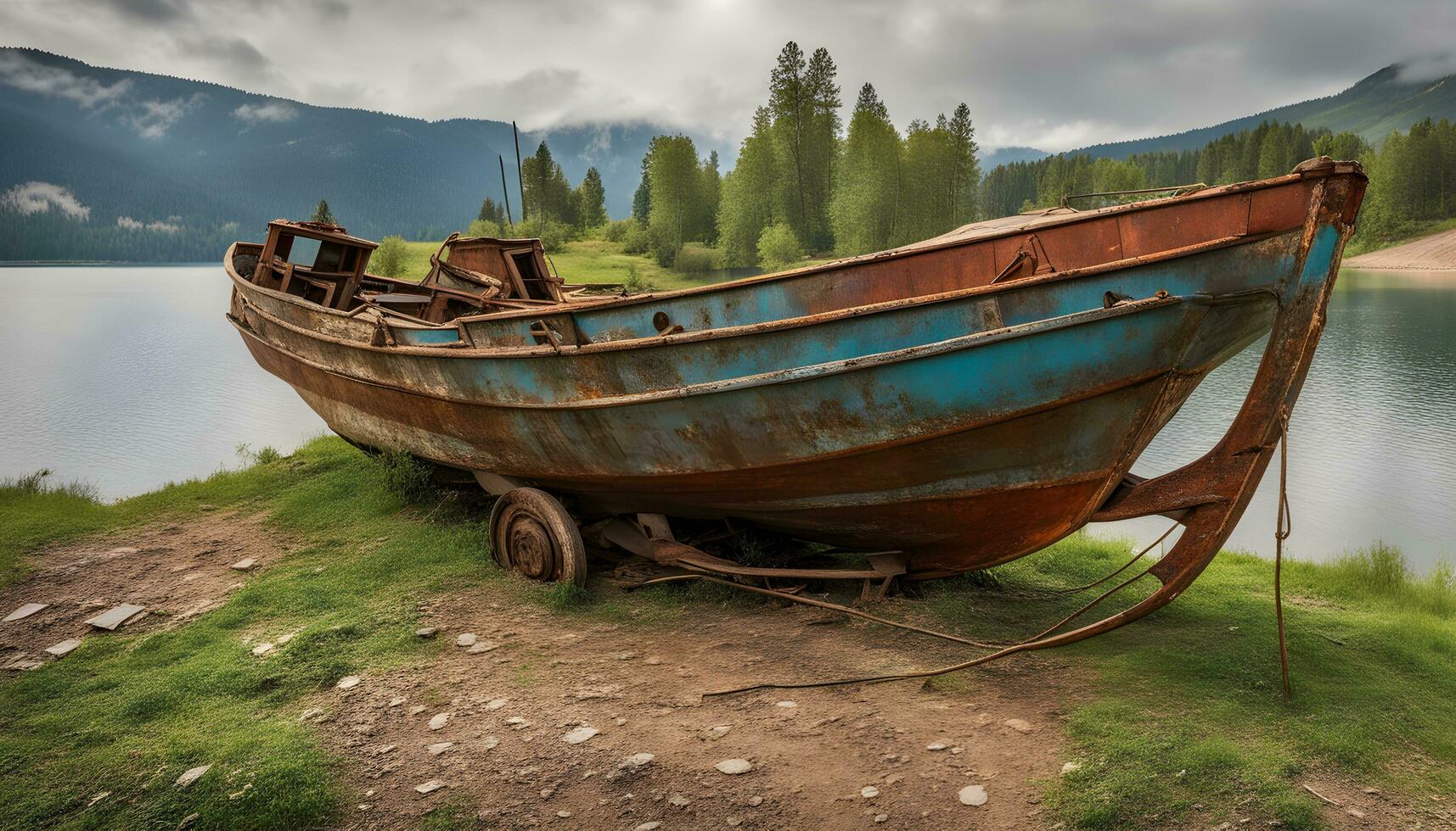 ai gegenereerd een oud roestig boot zit Aan de kust van een meer foto