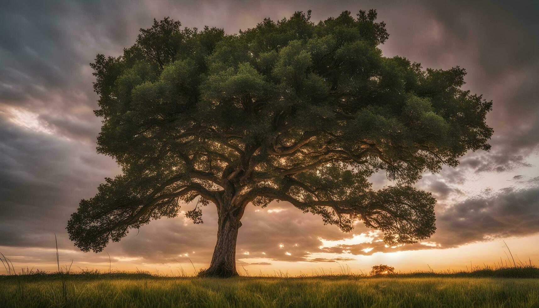 ai gegenereerd een eenzaam boom staat in een veld- onder een bewolkt lucht foto