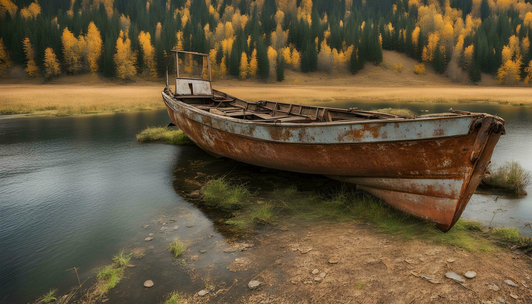 ai gegenereerd een oud boot zit Aan de kust van een meer foto