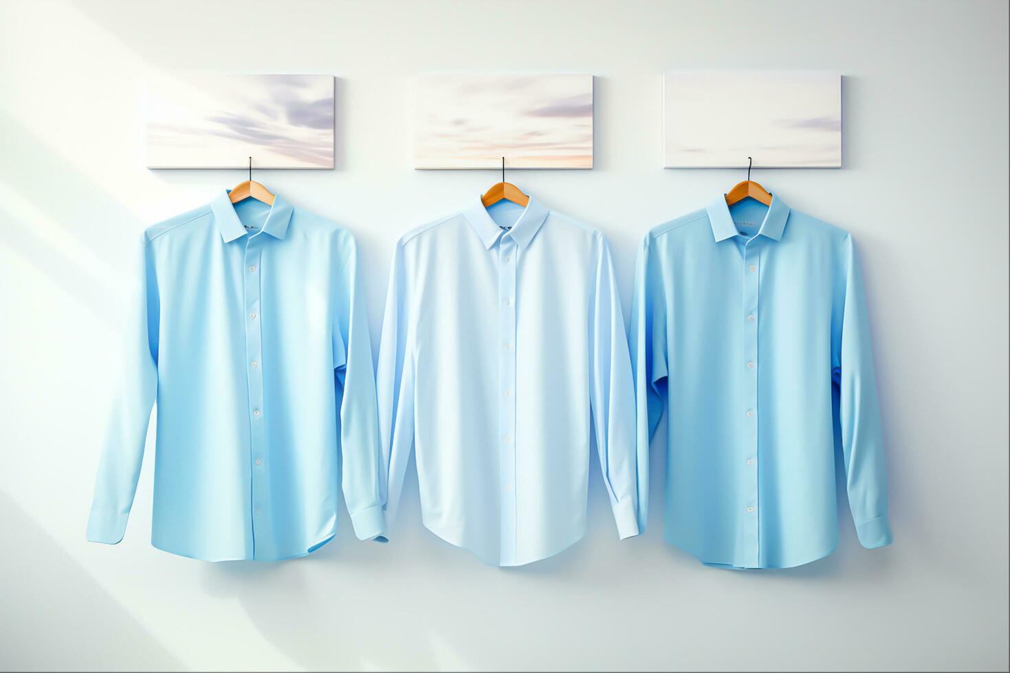 ai gegenereerd Mannen overhemd hangende in garderobe blauw katoen kleding Aan hanger foto