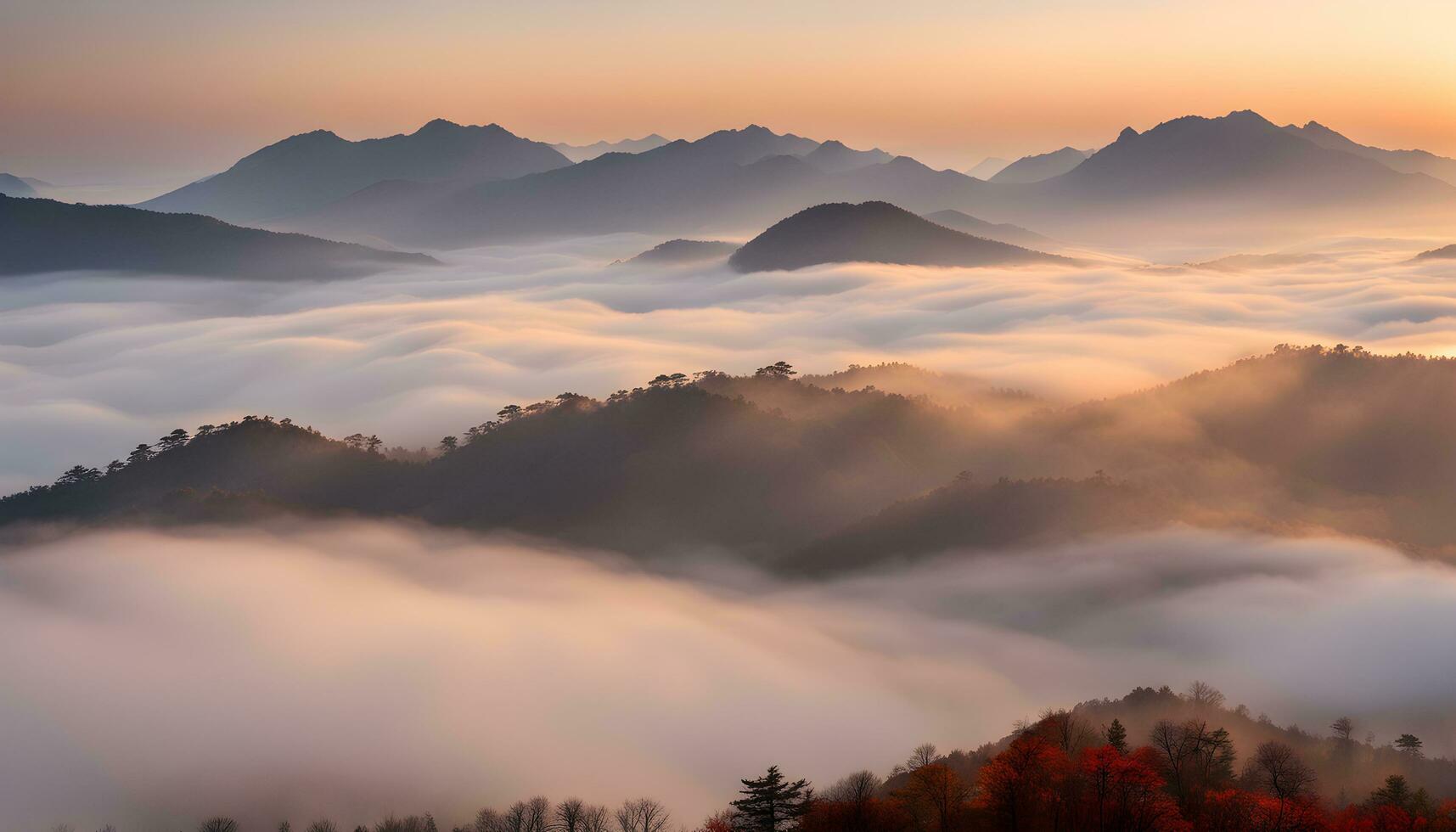 ai gegenereerd een visie van de bergen gedekt in mist Bij zonsopkomst foto