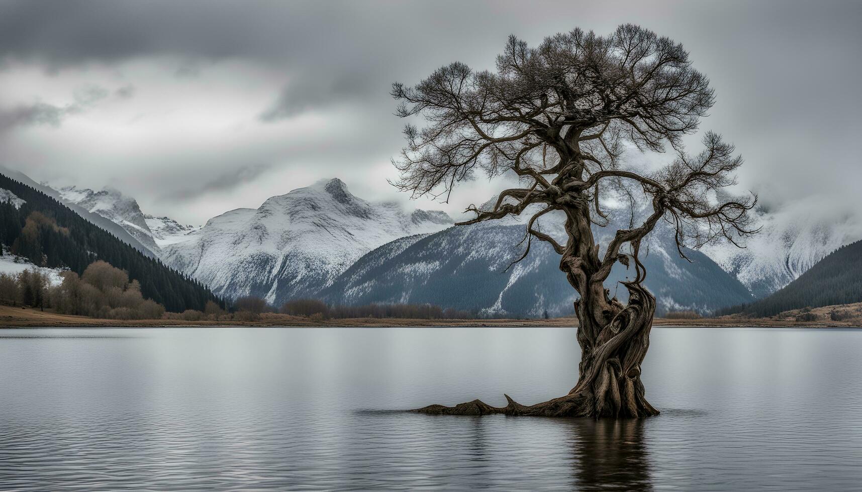 ai gegenereerd een eenzaam boom staat in de midden- van een meer foto