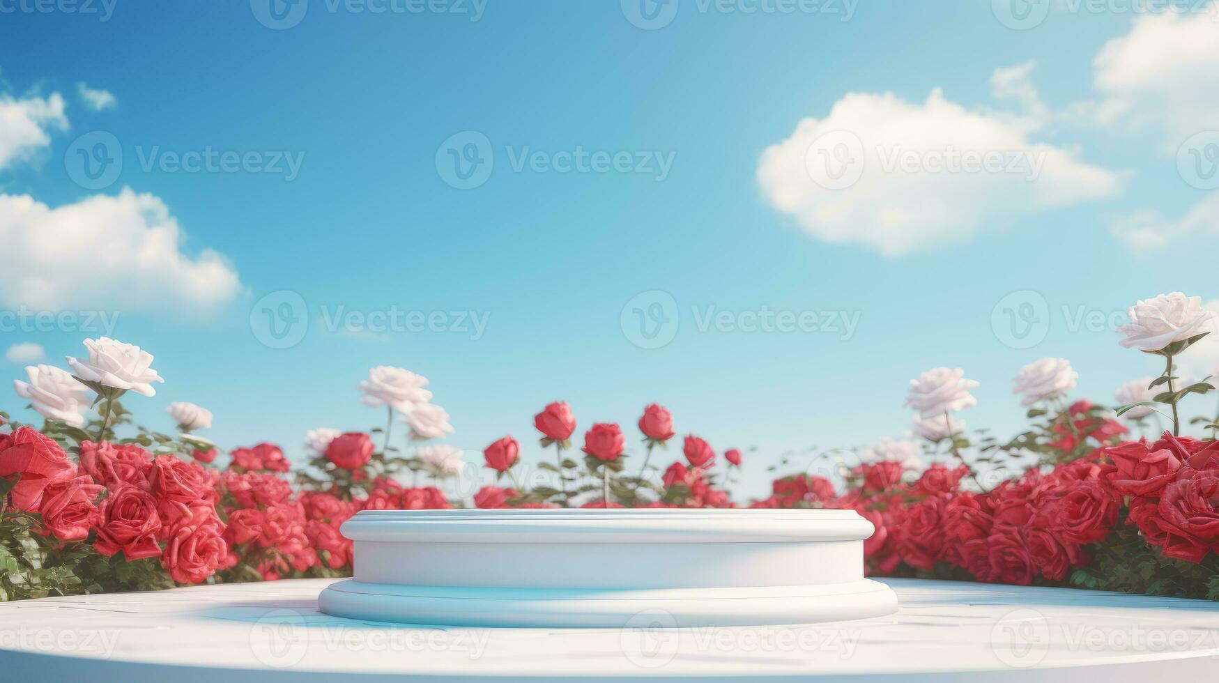 ai gegenereerd leeg wit ronde podium Aan rood helling rozen tuin en zomer blauw lucht achtergrond voor kunstmatig Product presentatie, Valentijnsdag dag concept foto