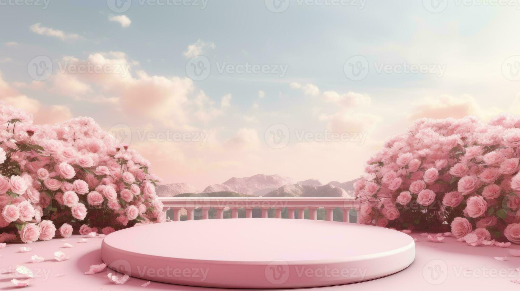 ai gegenereerd leeg roze ronde podium Aan rood helling rozen tuin en zomer avond lucht achtergrond voor kunstmatig Product presentatie, Valentijnsdag dag concept foto