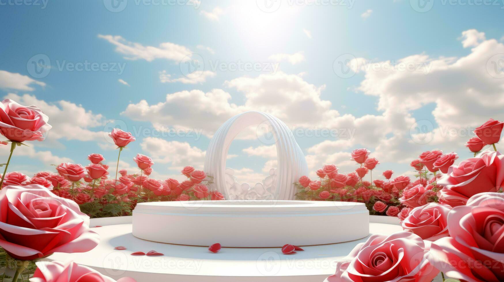 ai gegenereerd leeg wit ronde podium Aan rood helling rozen tuin en zomer blauw lucht achtergrond voor kunstmatig Product presentatie, Valentijnsdag dag concept foto