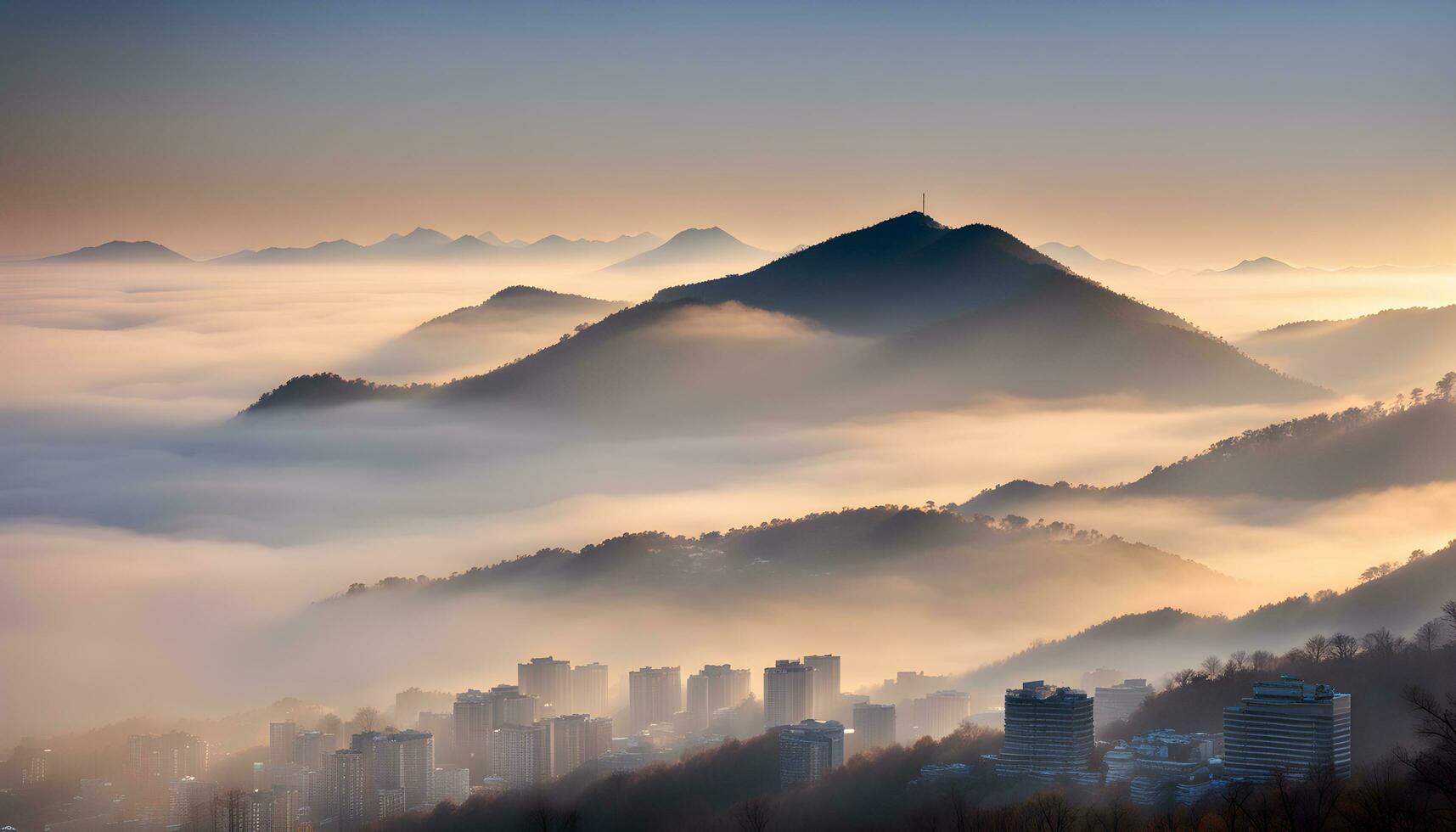 ai gegenereerd een visie van de bergen en mist in de ochtend- foto