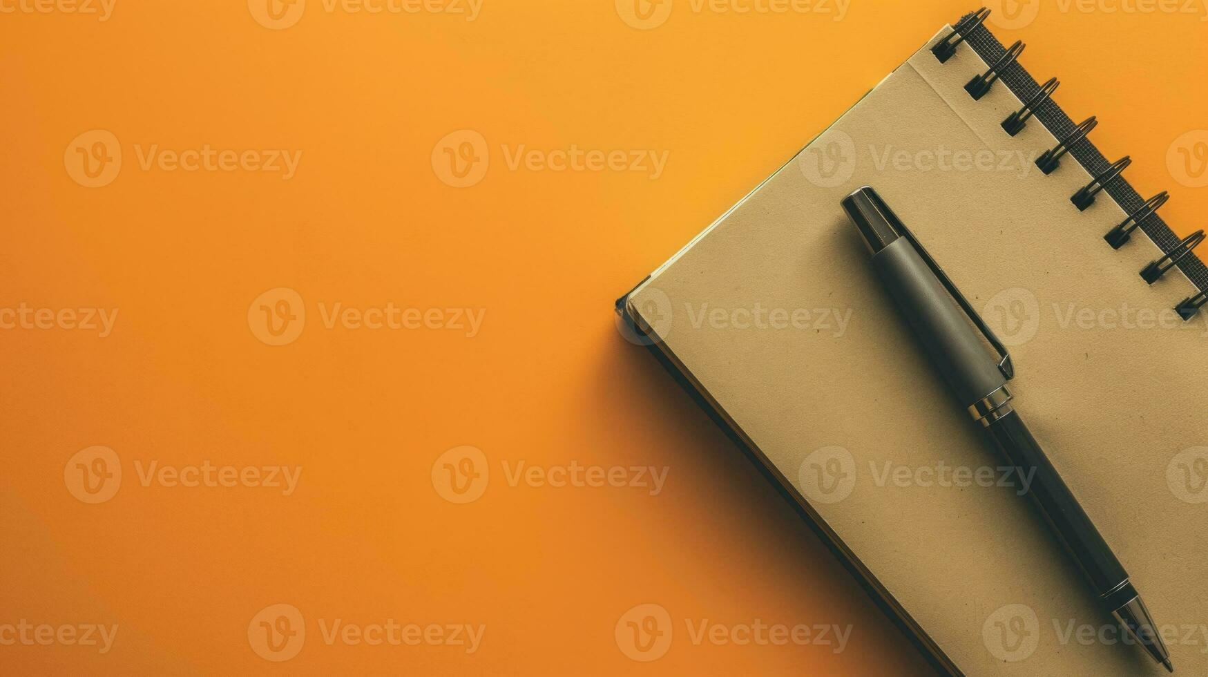 ai gegenereerd minimalistische opstelling met een notitieboekje en pen Aan oranje achtergrond foto