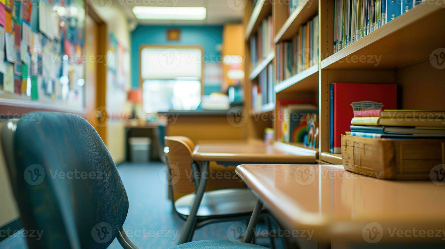 ai gegenereerd knus bibliotheek hoek met leeg stoelen en een boekenplank foto