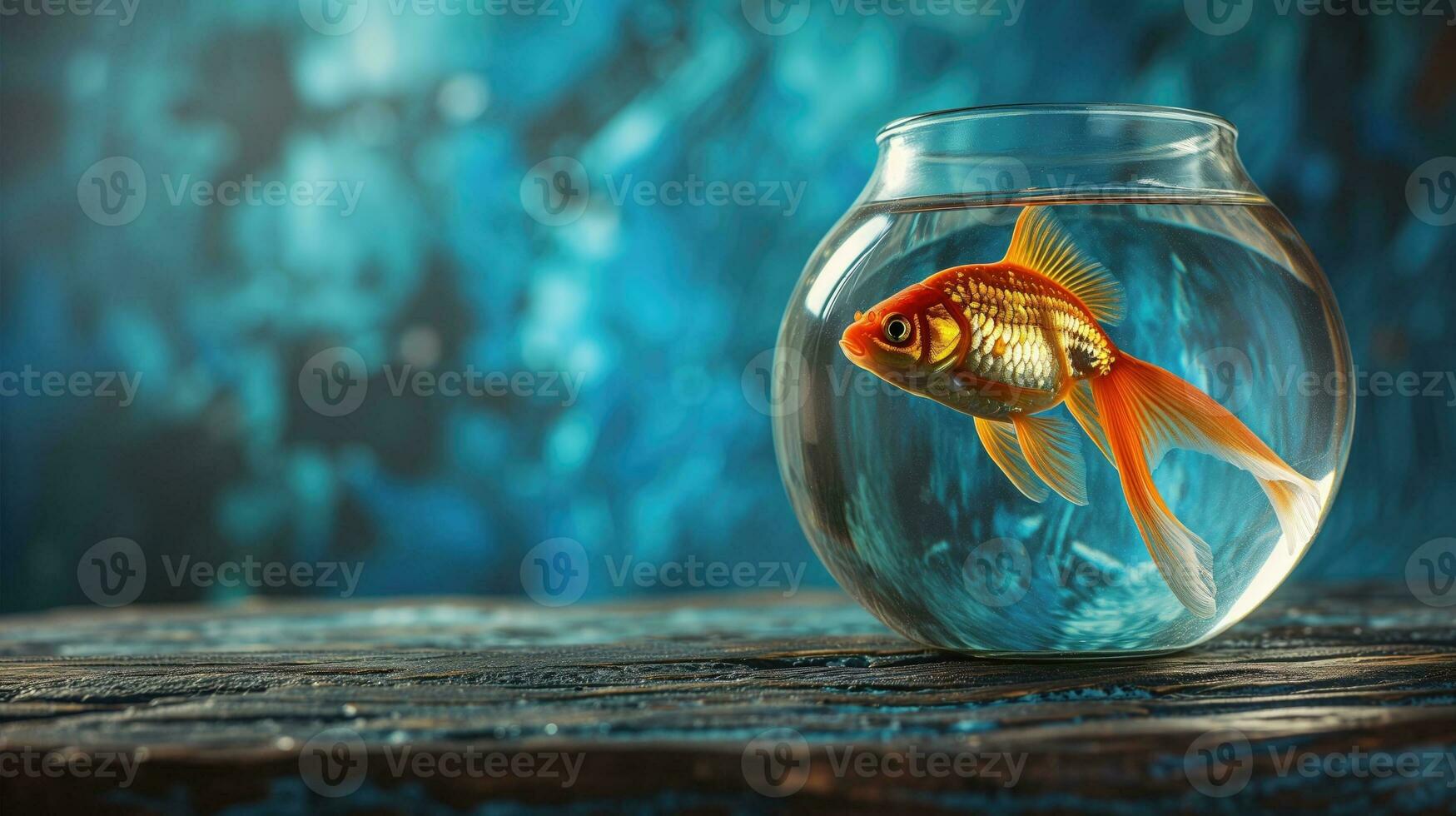 ai gegenereerd een levendig goudvis zwemmen in een ronde vissenkom met een blauw achtergrond foto