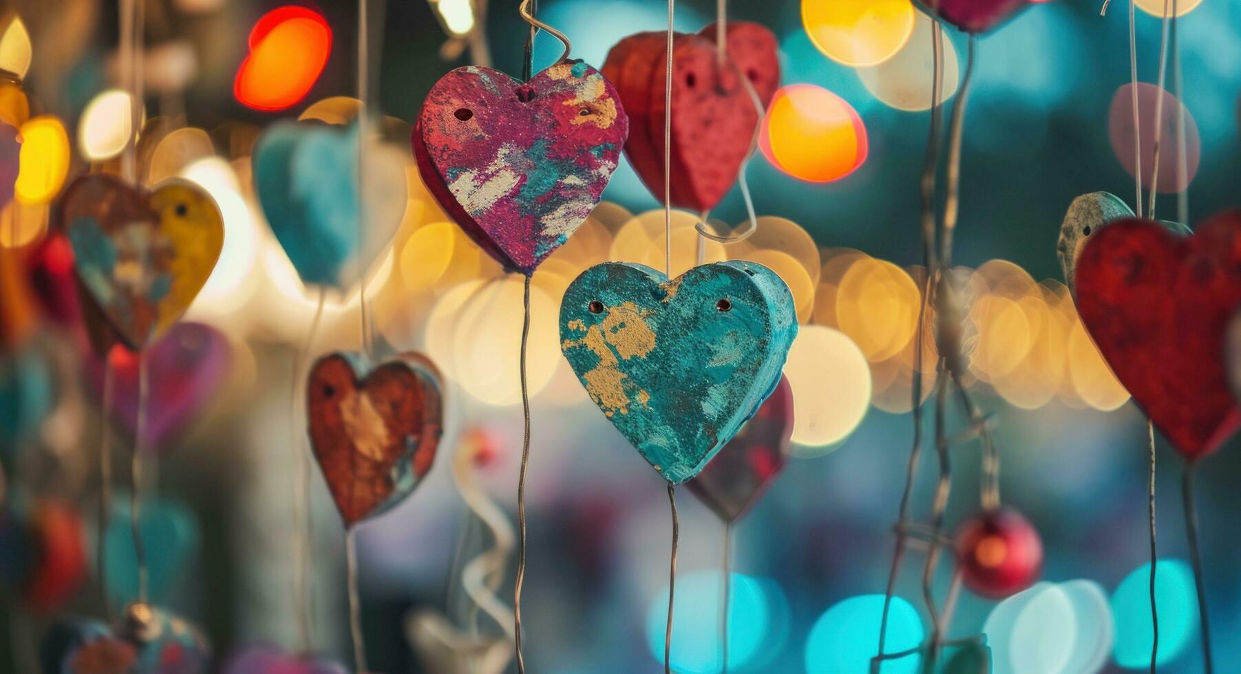 ai gegenereerd een Valentijnsdag dag kaart met kleurrijk hart decoraties hangende naar beneden achter het foto