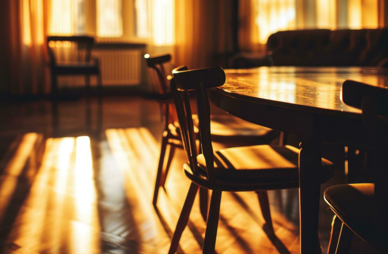 ai gegenereerd wazig kamer met een tafel en stoelen foto