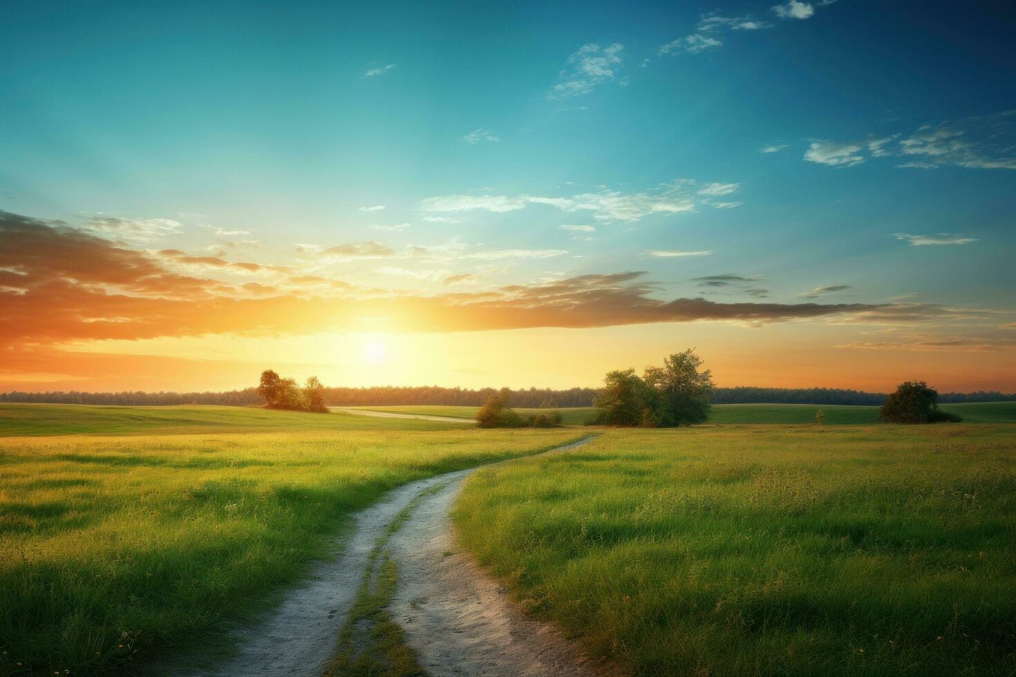 ai gegenereerd pad naar veld- met zonsondergang foto