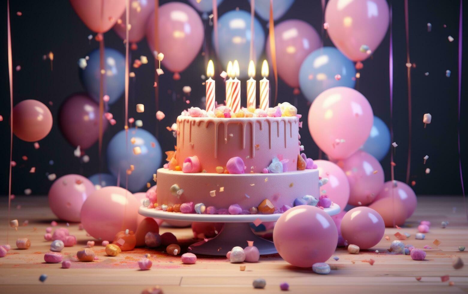 ai gegenereerd de verjaardag taart met kaarsen en ballonnen foto