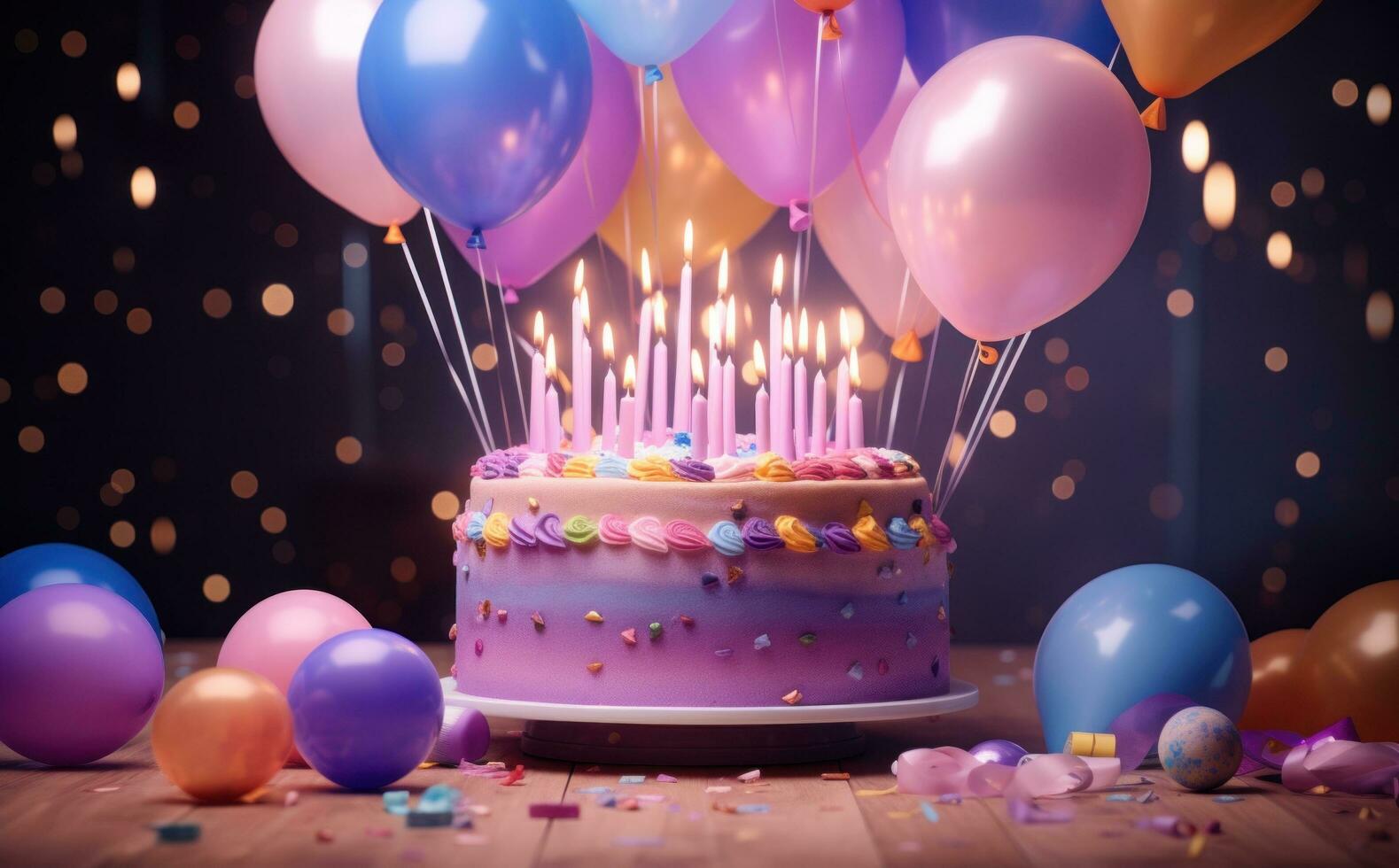 ai gegenereerd een kleurrijk verjaardag taart zittend De volgende naar ballonnen foto