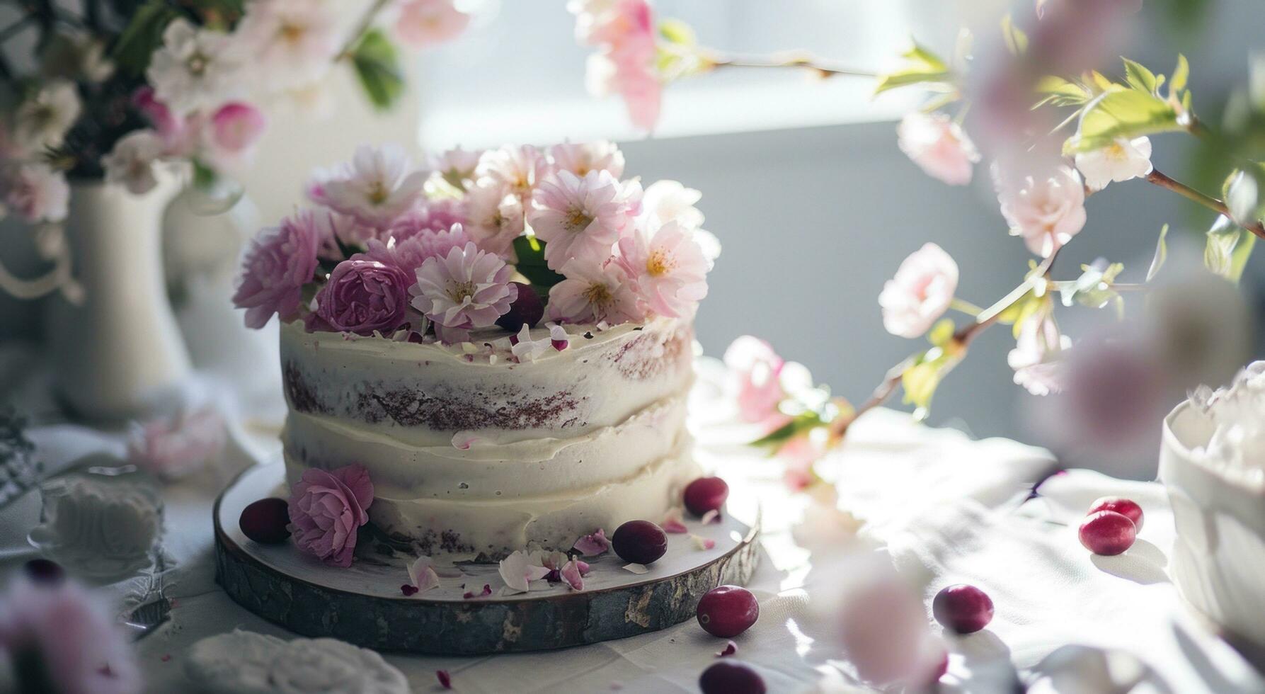 ai gegenereerd een verjaardag taart met bloemen Aan een tafel foto