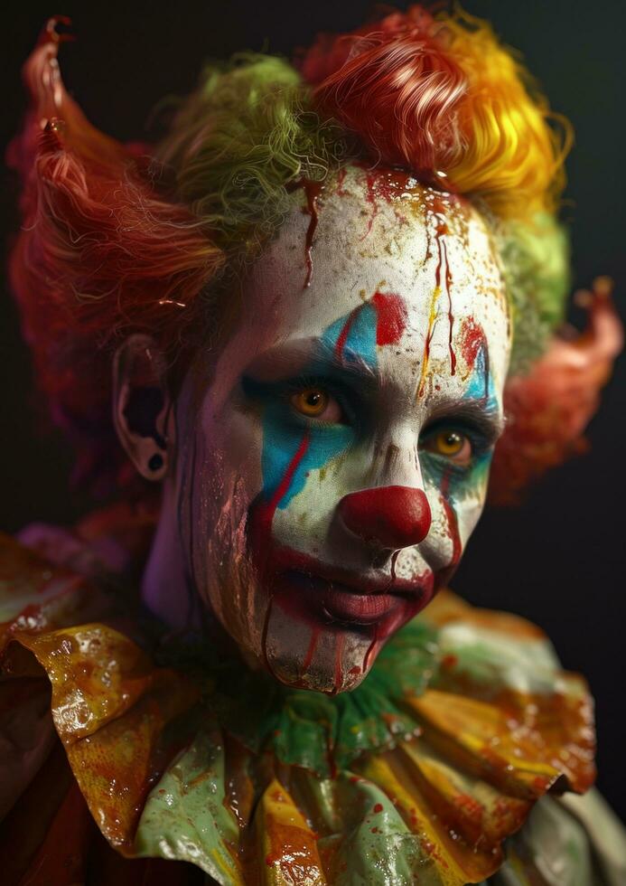 ai gegenereerd een clown met kleurrijk maken omhoog en ogen foto