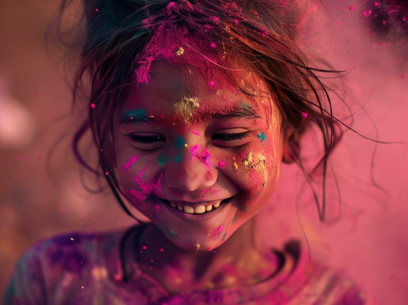 ai gegenereerd een meisje glimlachen gelukkig met kleurrijk poeder foto
