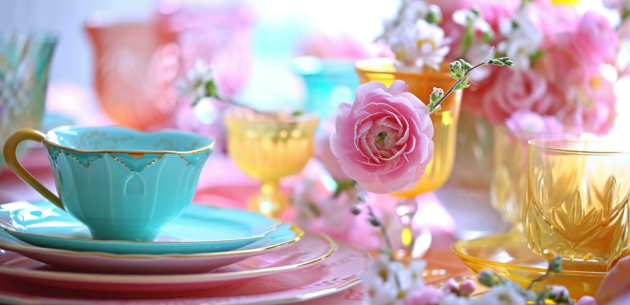 ai gegenereerd een kleurrijk tafel instelling met roze en blauw borden en cups foto