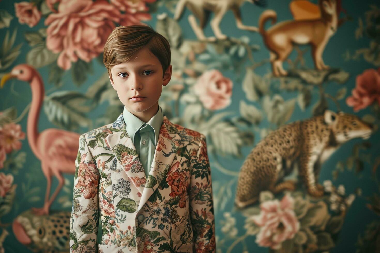 ai gegenereerd een jongen gekleed in een bloemrijk pak poses in voorkant van gevormde dieren foto