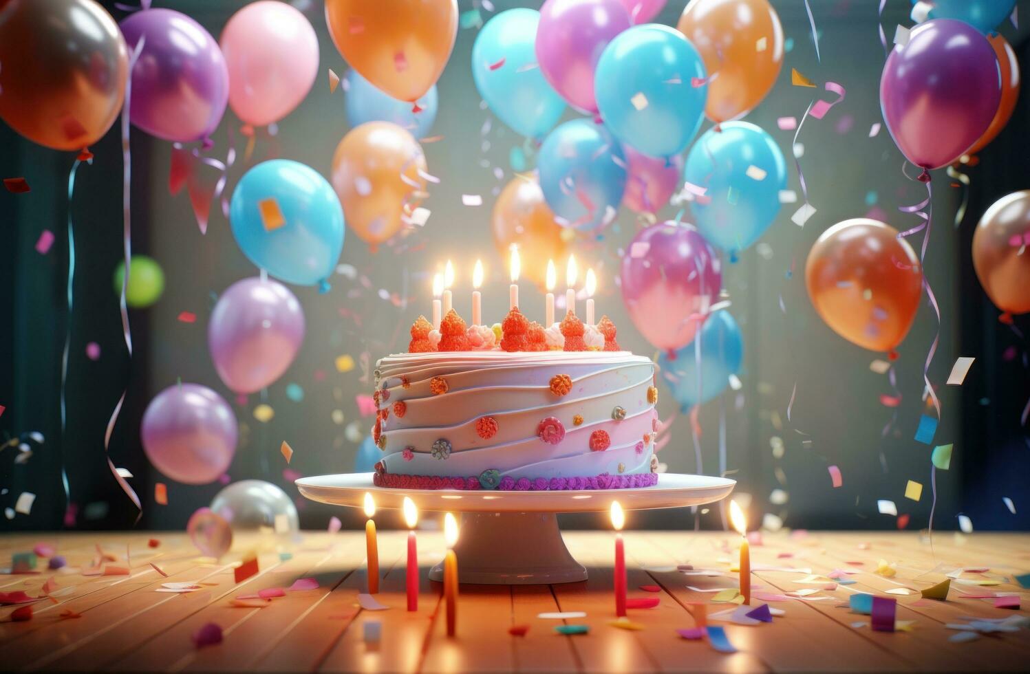 ai gegenereerd een verjaardag taart Bij de voorkant van een kamer met ballonnen foto