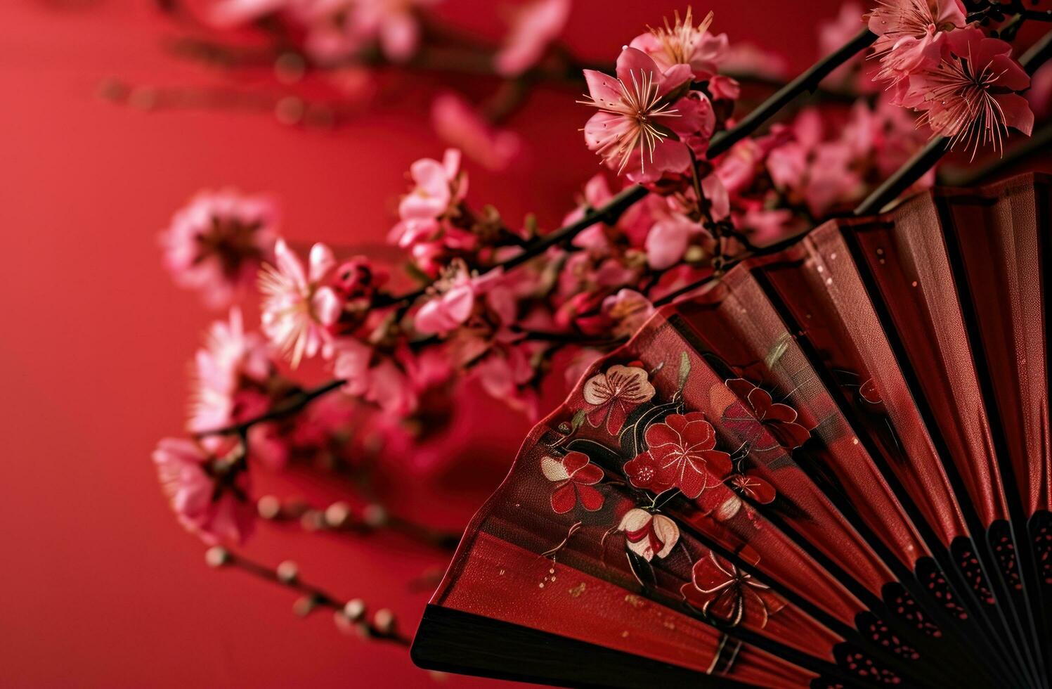 ai gegenereerd een papier ventilator met roze bloemen Aan een rood achtergrond, foto