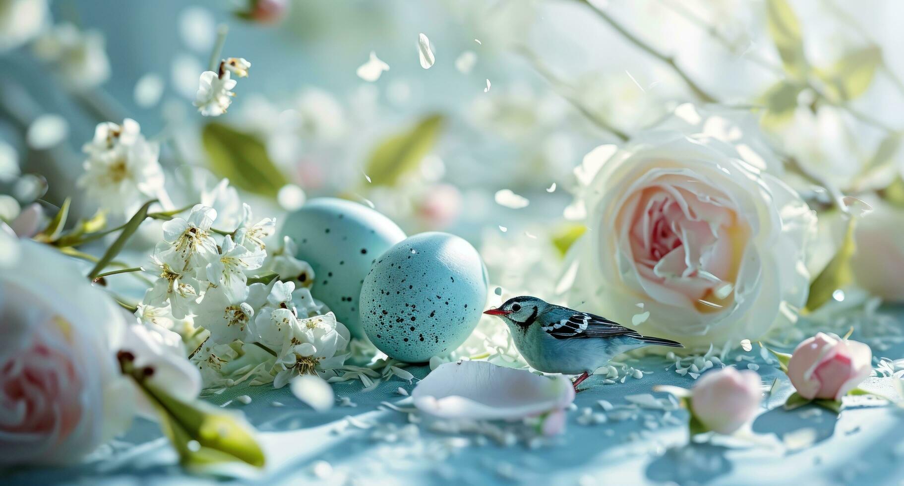 ai gegenereerd een Pasen tafereel met eieren en rozen foto