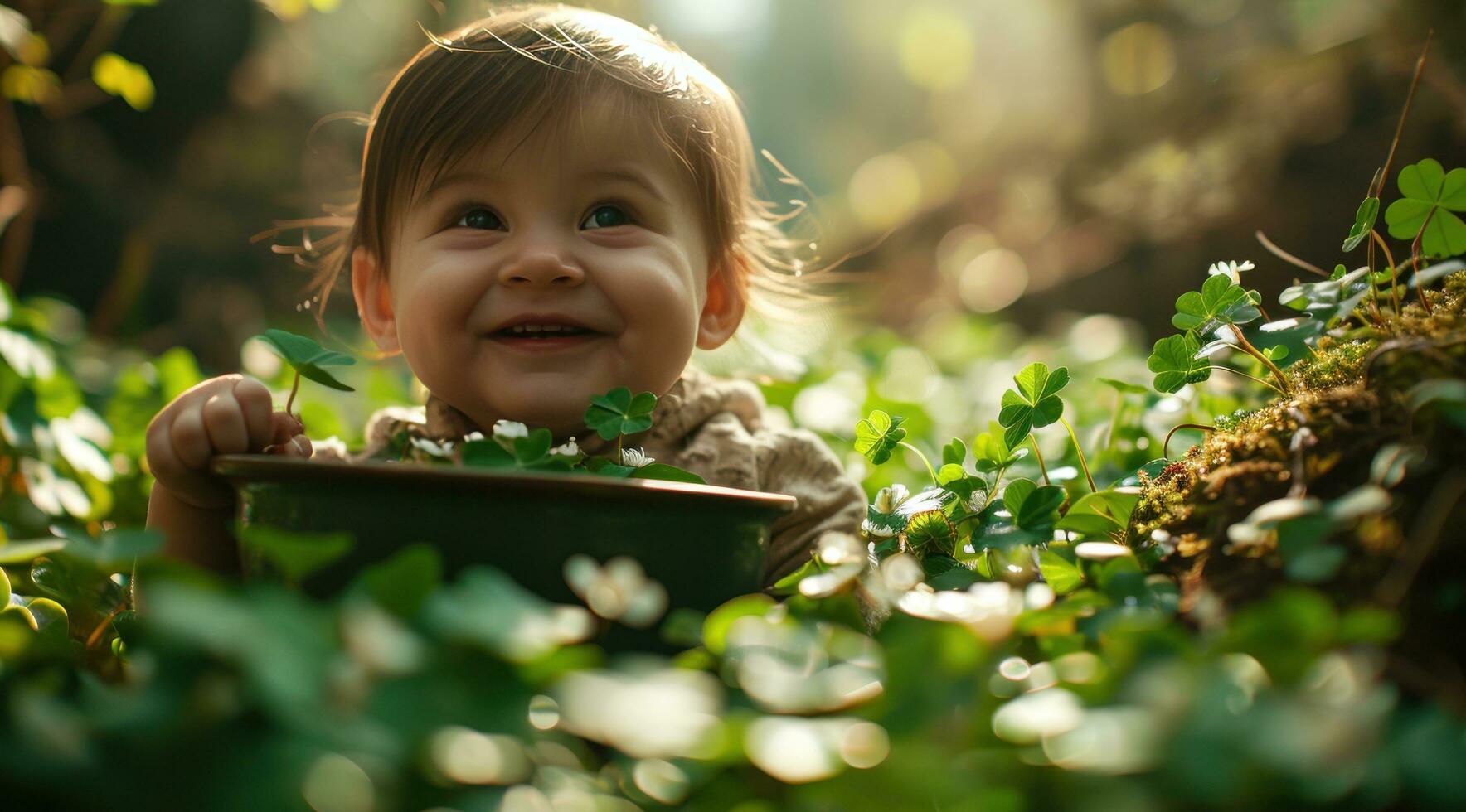 ai gegenereerd baby jongen likken sommige groen klavers foto